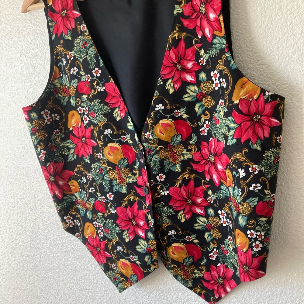 Vintage Boho Vest Novelty Christmas Holiday Floral Medium Black Red Cottagecore - Picture 5 of 16